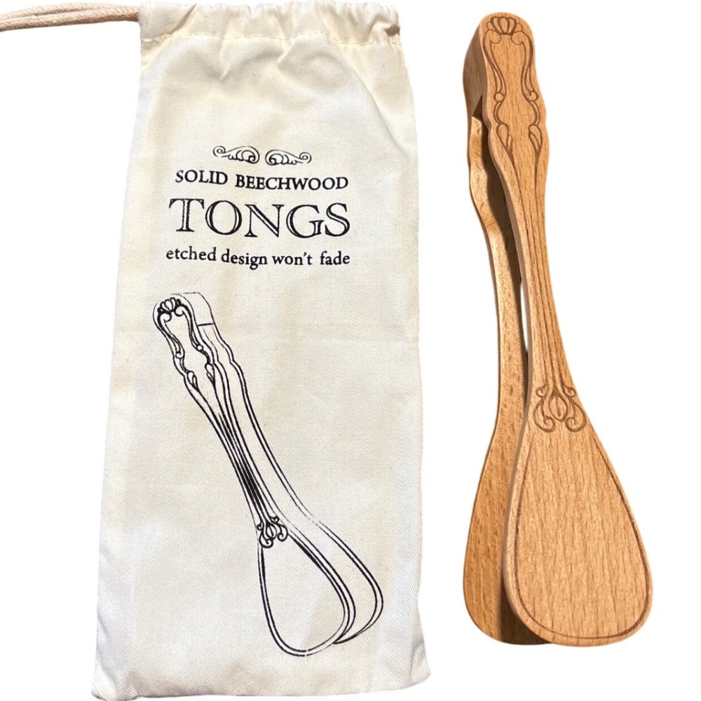 Solid Beechwood Kitchen Tongs Etched Design Serving Utensil with Storage Bag New